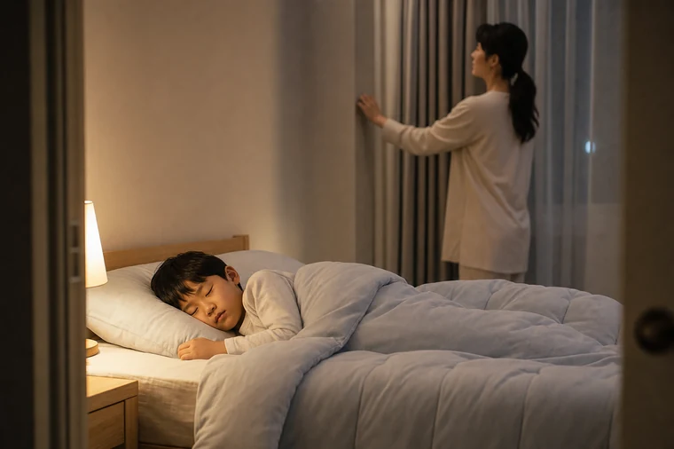 초등학생이 일찍 잠든 방에서 부모가 커튼을 닫아 주는 모습