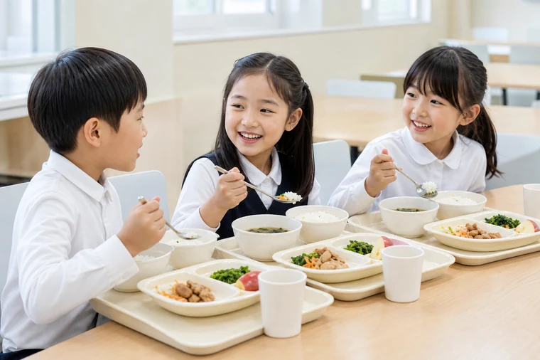 초등학생들이 학교 급식을 함께 먹는 모습