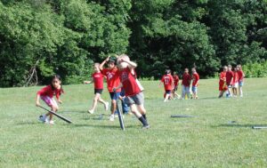 Day of sports and games at elementary school in Fairfax County, Virginia : Bean bag race.