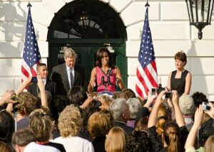 From left: Alex Roman, Walsh Elementary School, Chicago, Illinois, Agriculture Secretary Tom Vilsack, First Lady Michelle Obama and Becky Bo